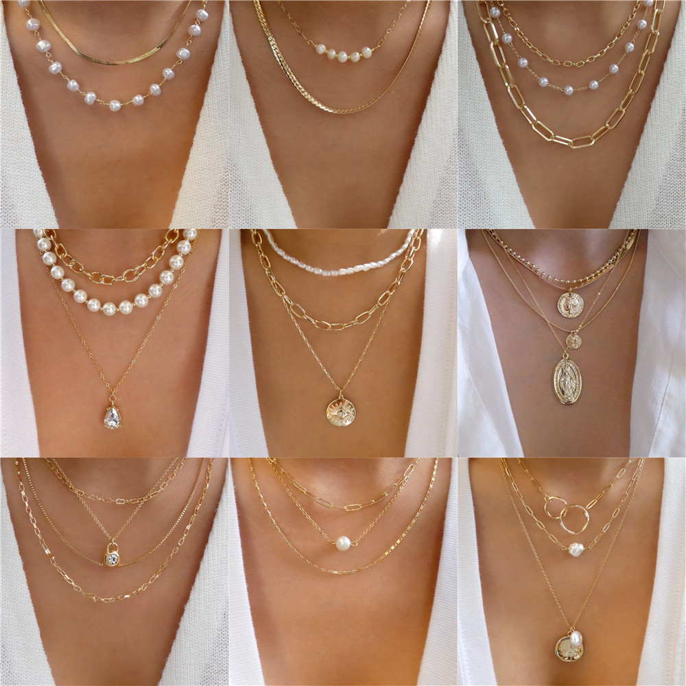 Pearl Choker Necklace Vintage - Модное многослойное ожерелье с геометрическими бусинами