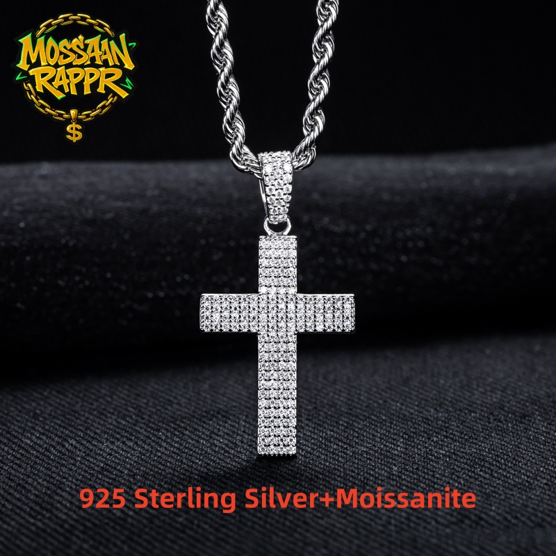 925 Sterling Silver Chain Necklace Men - MossanRappr Муассанит Bling Крест Кулон Iced