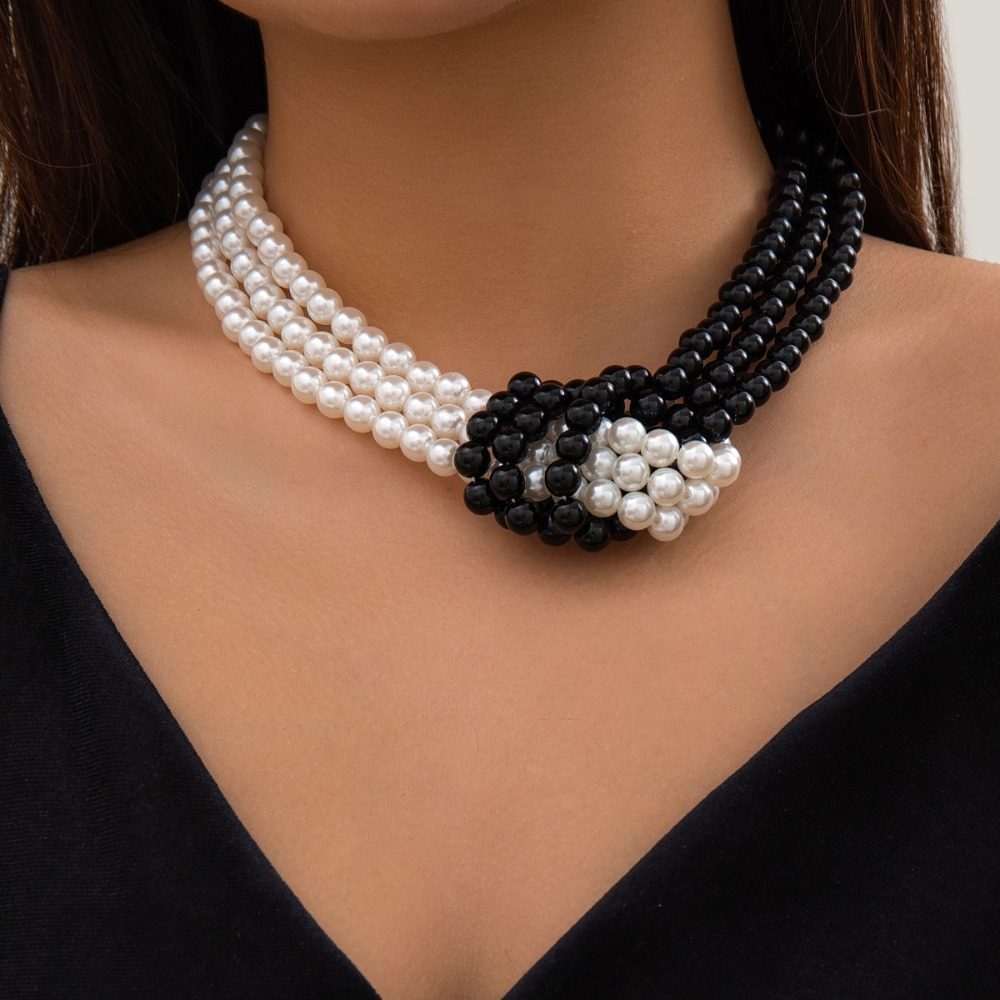 Pearl Choker Necklace Vintage - Модное ретро-колье с черно-белыми вставками, многослойное,