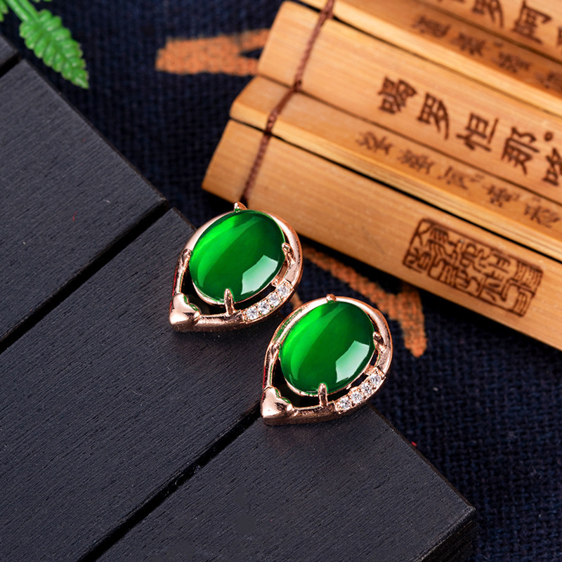 Earrings - Серьги-гвоздики с натуральным нефритом И камнем
